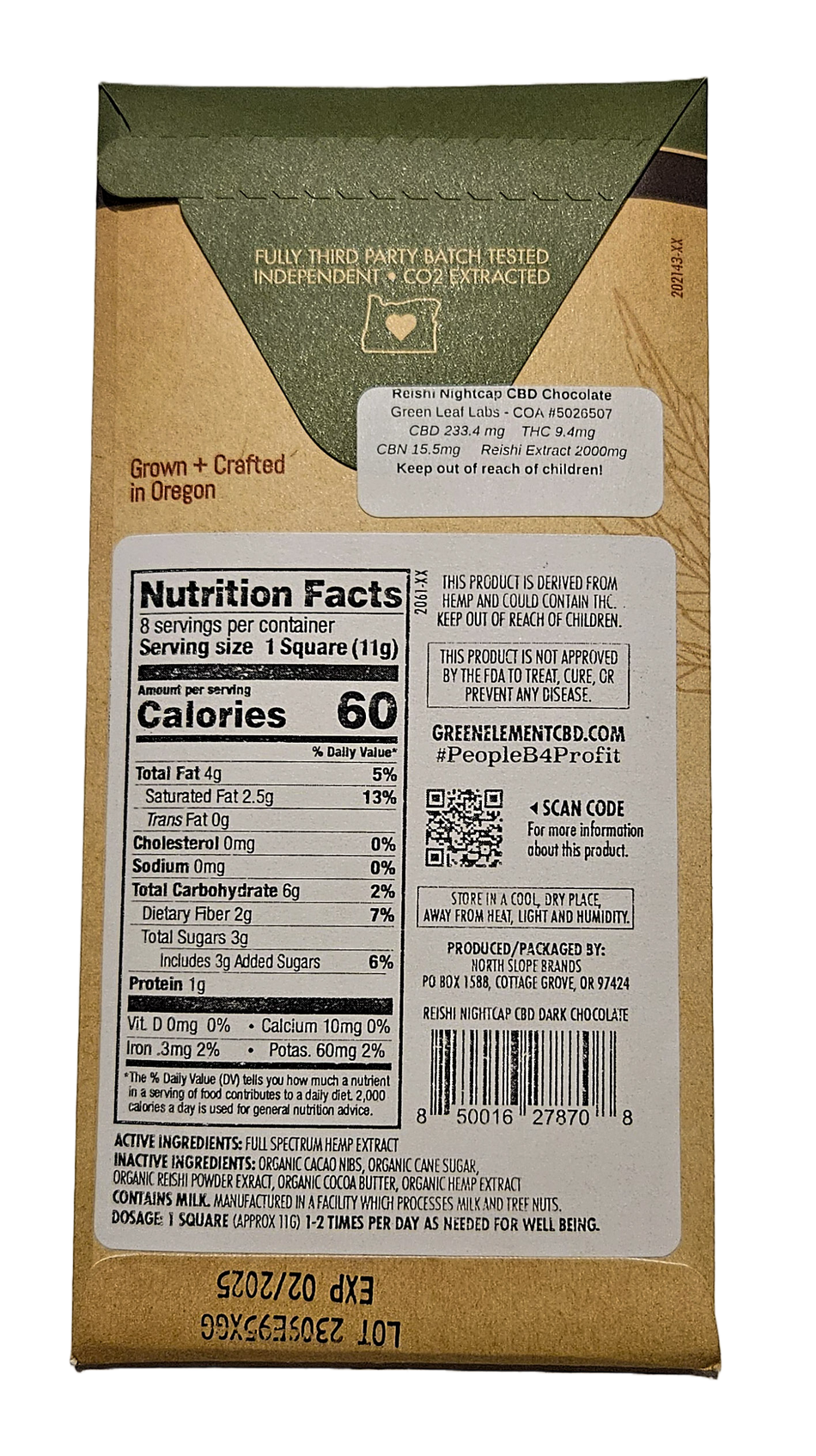 Green Element - CBD Chocolate Bar, Dark, Reishi Nightcap, 200:15:10
